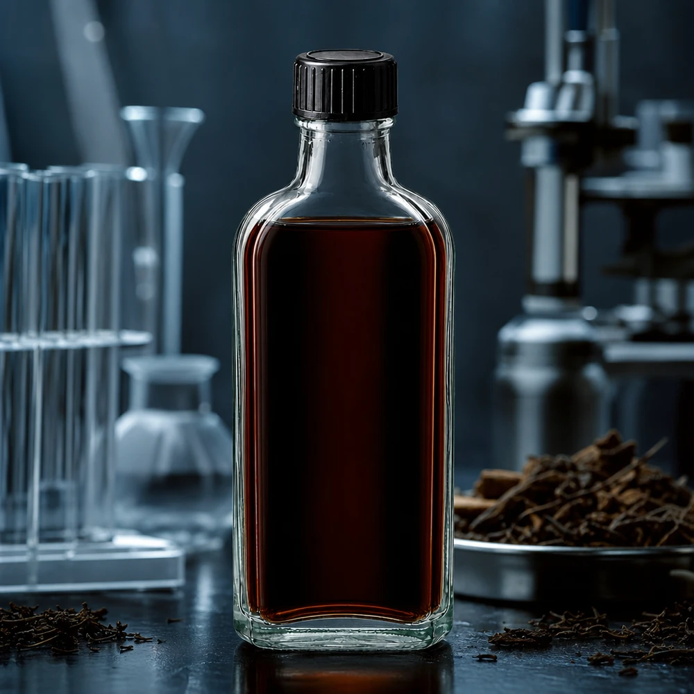 Suorakulmainen 100 ml:n Meplat-lasipullo, jossa on LKD-tiivistelevy ja tumma kasviuute laboratoriossa