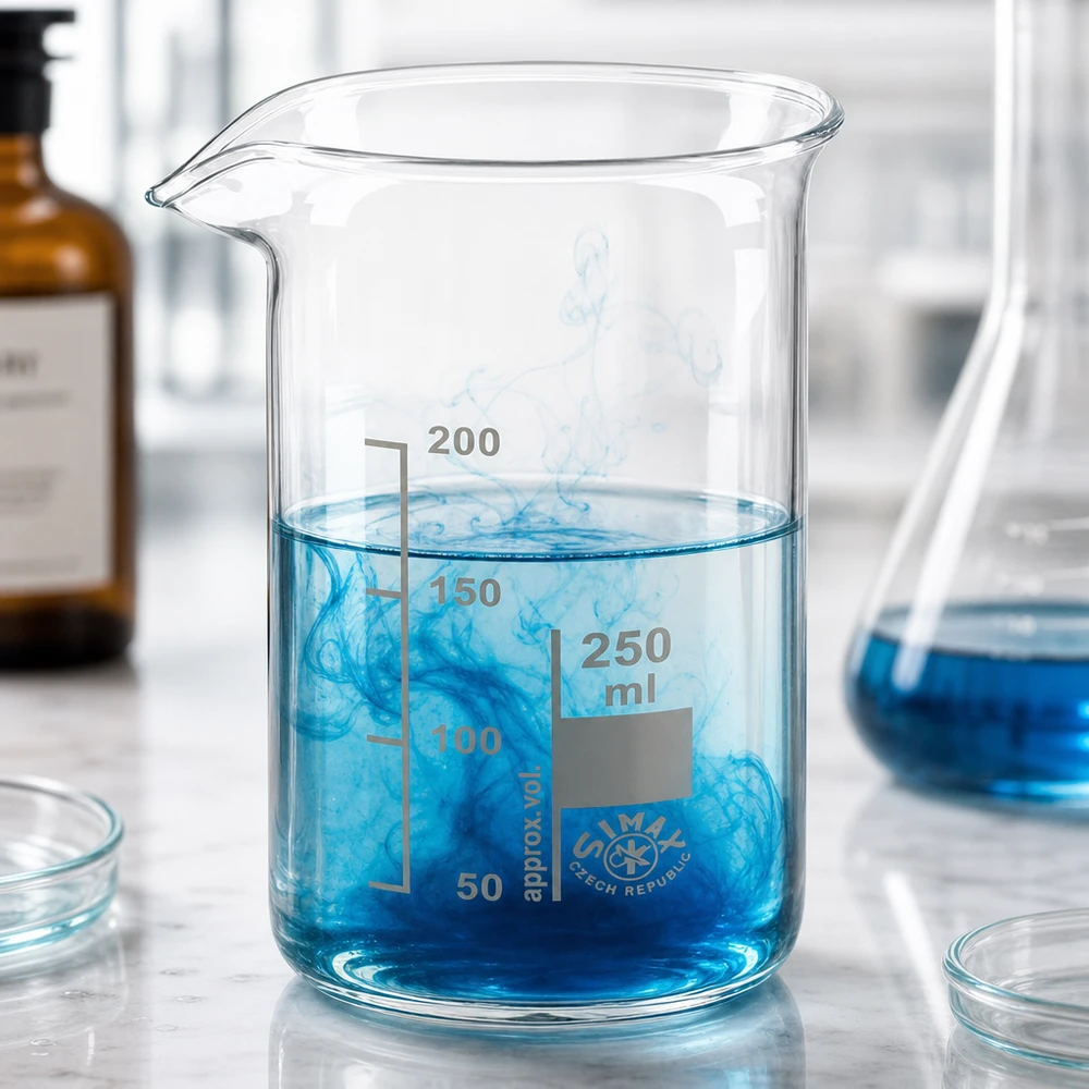 Juomalasi 250ml borosilikaattilasi, korkea muotoinen 250 ml:n korkea koeputki, jossa on sinistä nestettä ja väriainepilviä laboratorioympäristössä