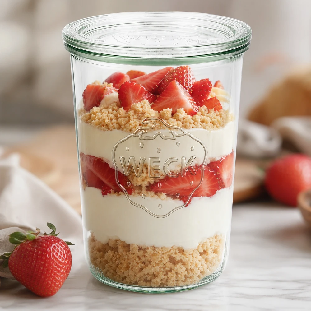WECK Sturzglas 850ml RR100 als stylisches Dessertglas mit Erdbeeren und Creme zeigt moderne Tischpräsentation