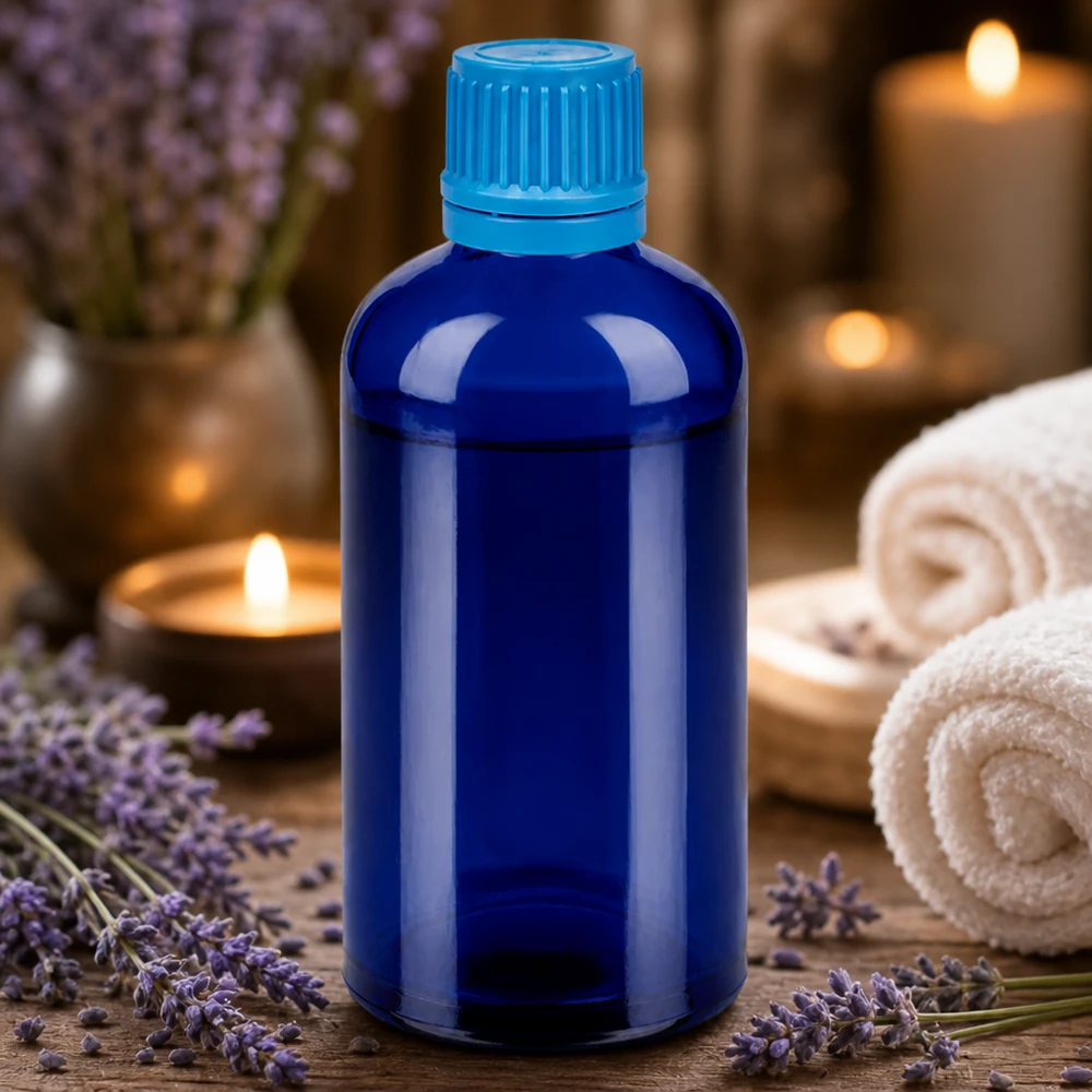 100ml pullo 11mm kierrekorkki sininen väärentämisen estävä korkki BlueLine UT18/100 Korkealaatuinen 100ml sininen lasipullo, jossa 11mm korkki aromaterapiaa varten.