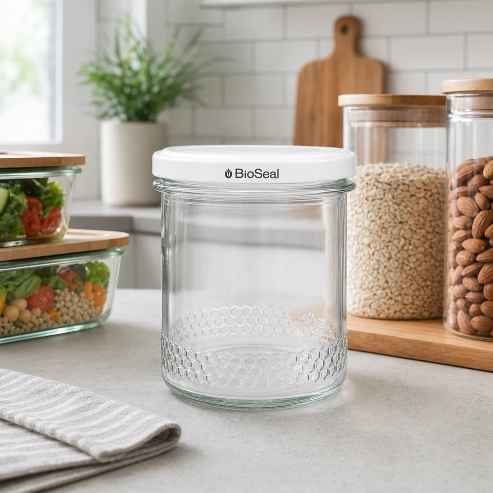 560g Honigglas + BioSeal Deckel weiß UNiTWIST Tyhjä 400 ml:n hunajapurkki valkoisella BioSeal-kannella modernissa keittiössä säilytyspurkkien vieressä monipuoliseen säilytykseen.