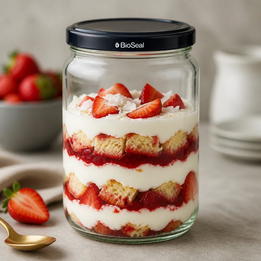 305ml pyöreä purkki + BioSeal-kansi musta UNiTWIST UNiTWIST Runda305-purkki, jossa on kerros trifle ja musta BioSeal-kansi, joka on täytetty mansikoilla ja kermalla jälkiruokana.