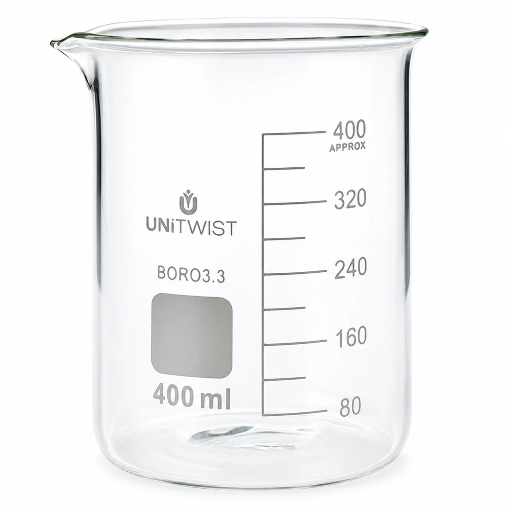 400 ml borosilikaattilasi, matala muotti UNiTWIST UNiTWISTin matalaprofiilinen 400 ml:n borosilikaattilasimuki, jossa on millilitra-asteikko