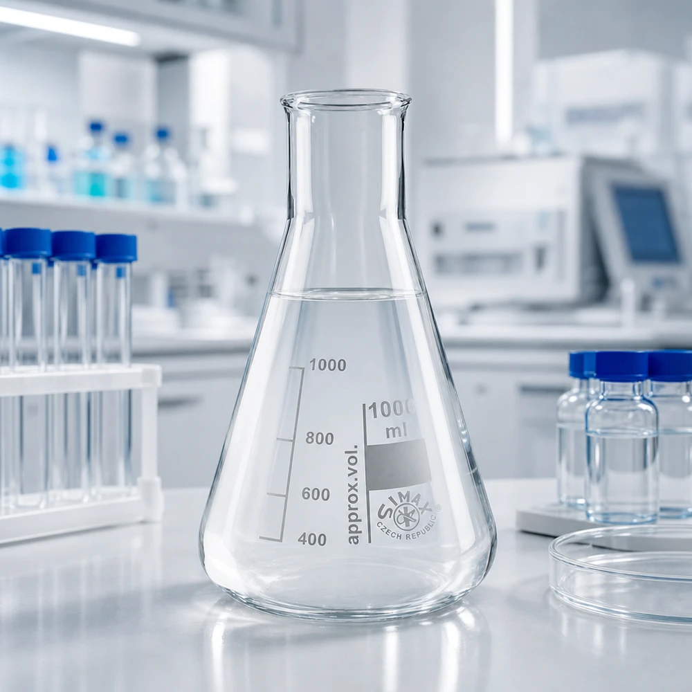 Läpinäkyvä Erlenmeyer-pullo 100ml leveä kaula ammattimaisessa laboratoriolaitteistossa, jossa on koeputkia.