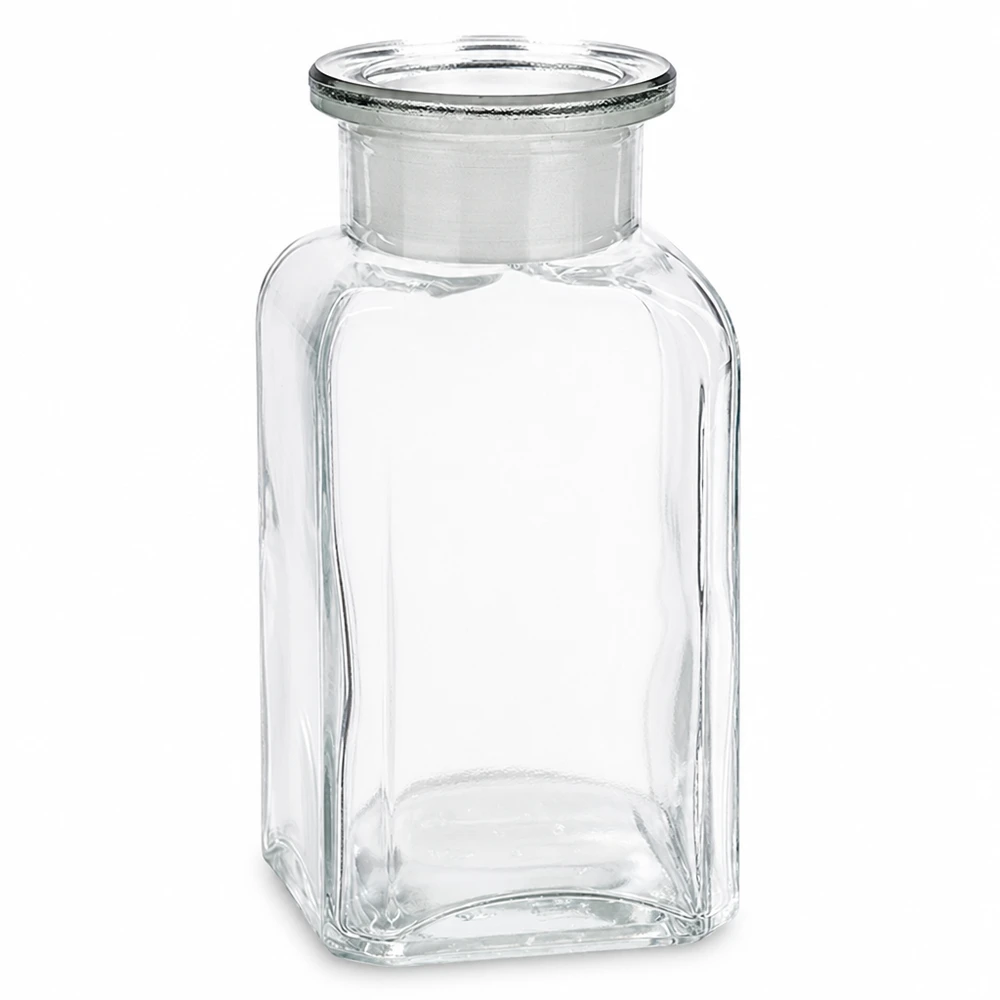 Nelikulmainen pullo 100ml kirkas leveäkaulainen lasitulppa 100 ml:n neliömäinen, kirkas pullo, jossa on lasitulppa ja leveä kaula, laboratorio- ja apteekkikäyttöön