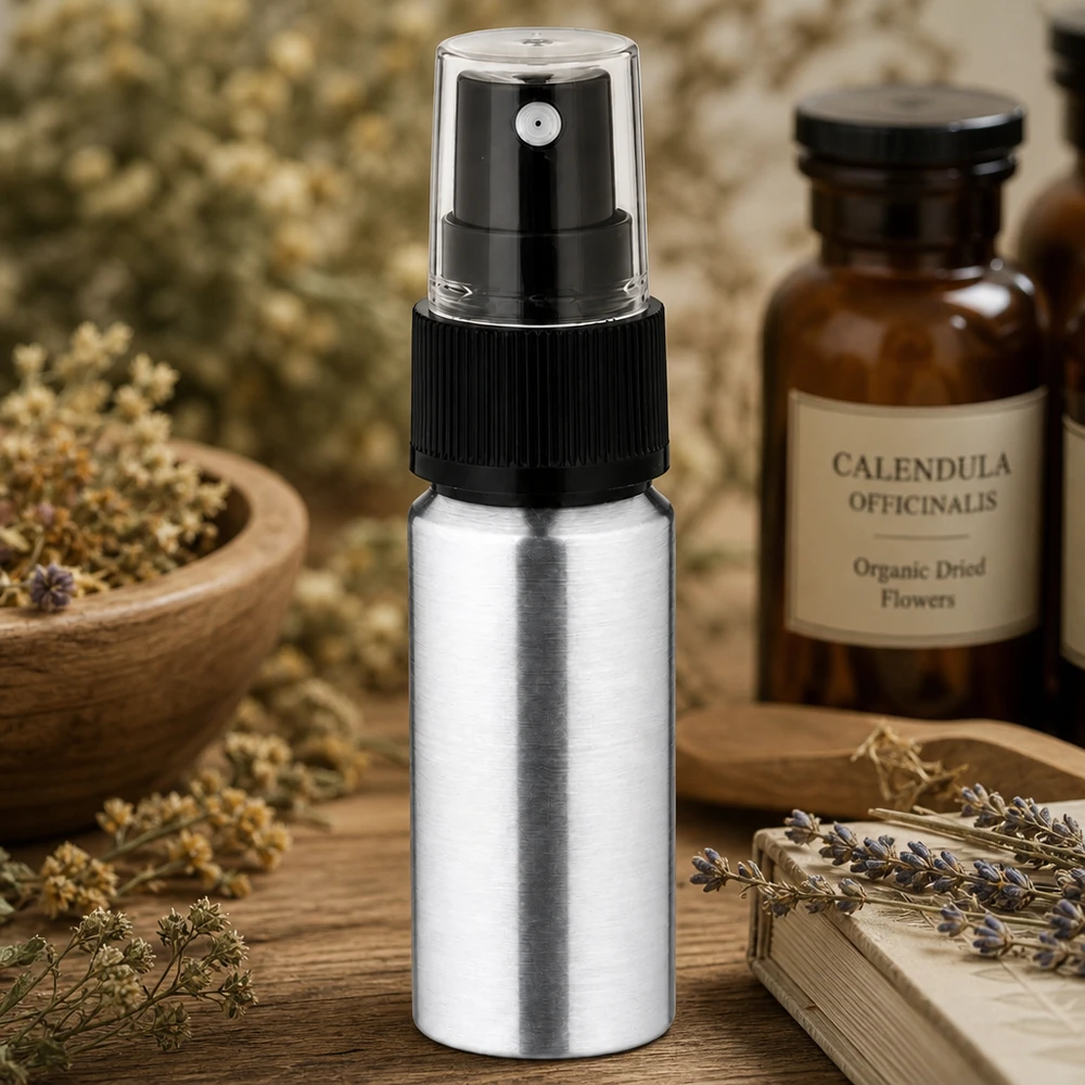 20ml kiillotettu alumiinipullo, jossa on sumutin. 20ml alumiinipullo hopeanvärinen sumuttimella - vankka metallinen suihkepullo liikkeellä oloa varten