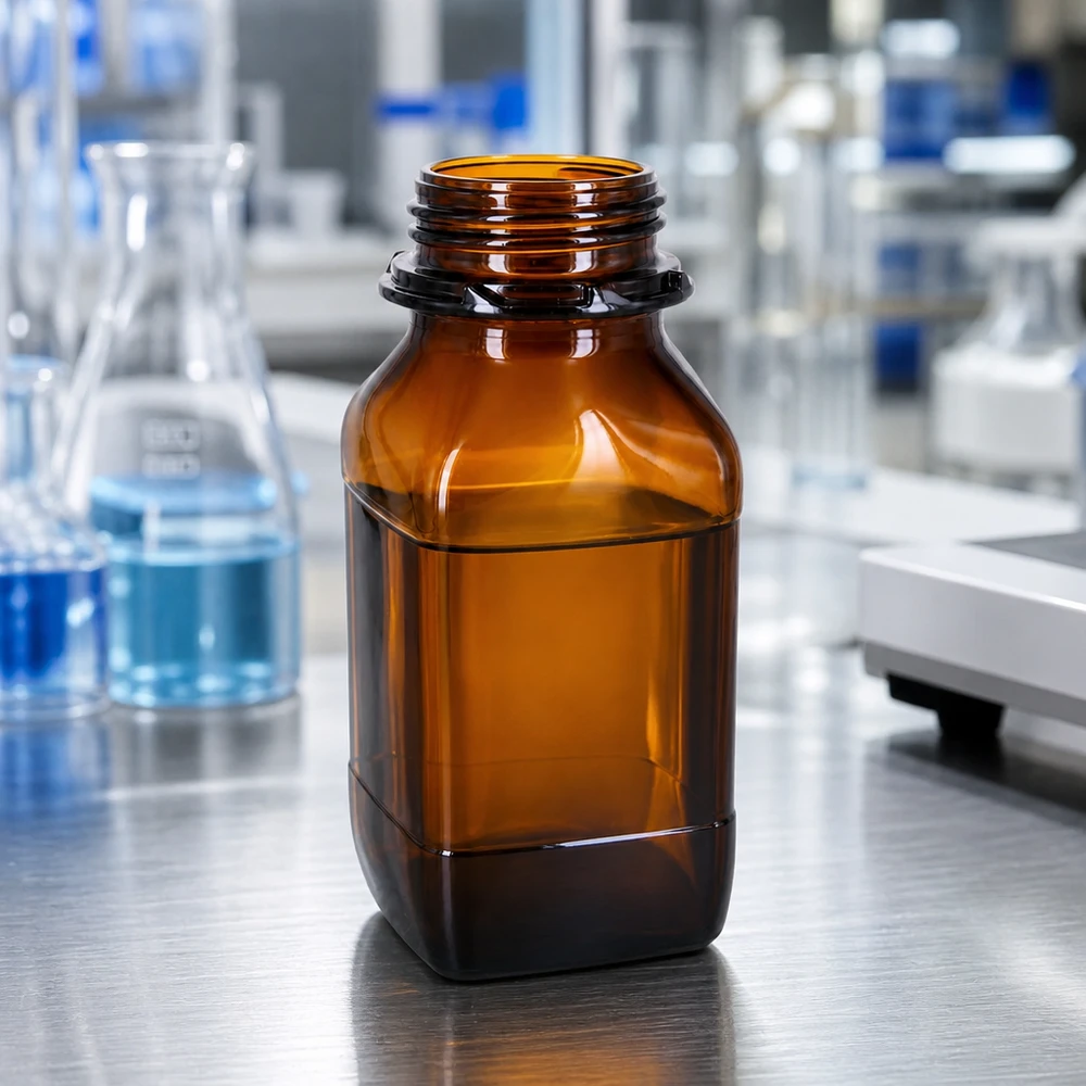 Suorakulmainen 500ml kemikaalipullo korkealaatuisesta meripihkanvärisestä borosilikaattilasista laboratorioihin.