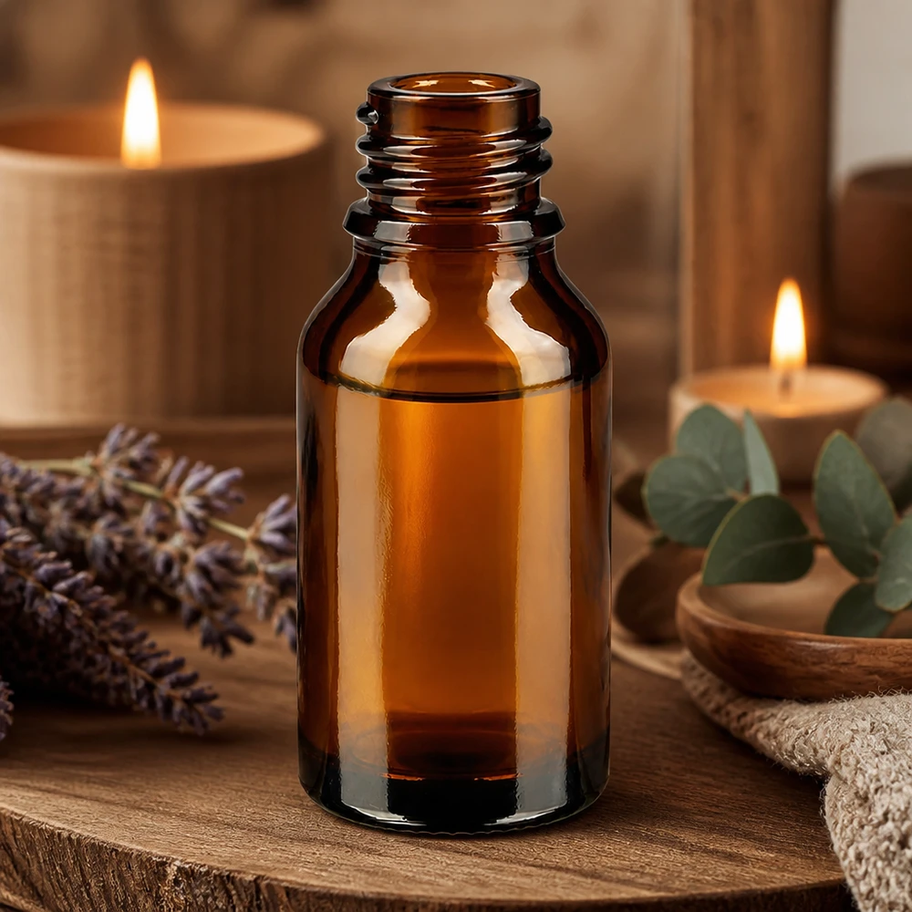 30ml ruskea apteekkipullo korkea muoto ApoGlas tyhjä männyn käpyjä eukalyptus oksat kynttilät wellness tunnelma