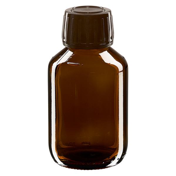 100ml lääkepullo ruskea, ruskea korkki, jossa on tamper-evident rengas ApoGlas 100ml lääkepullo ruskea, ruskea korkki, jossa on tamper-evident rengas ApoGlas