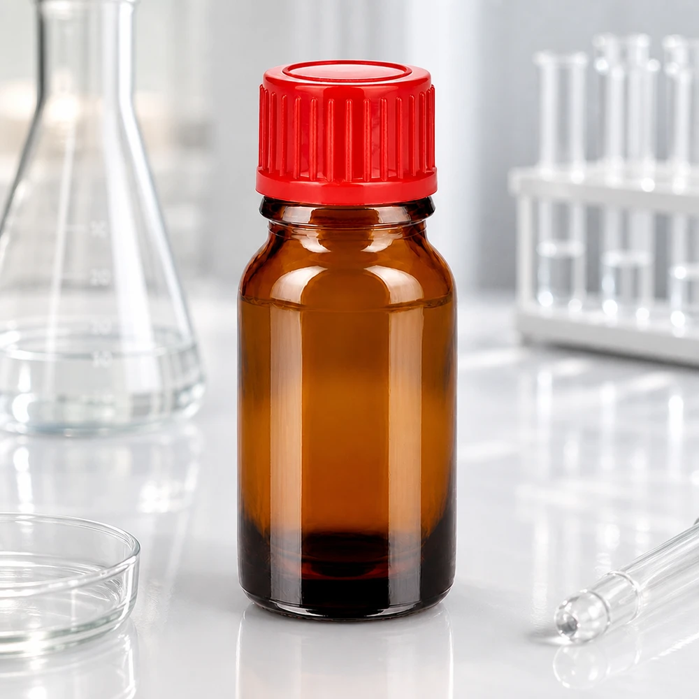 10ml pullo 11mm kierrekorkki punainen Standard BrownLine UT18/10 Standard BrownLine UT18/10 BrownLine 10ml laboratoriopullo tummasta lasista, jossa punainen korkki kemiallisille aineille.