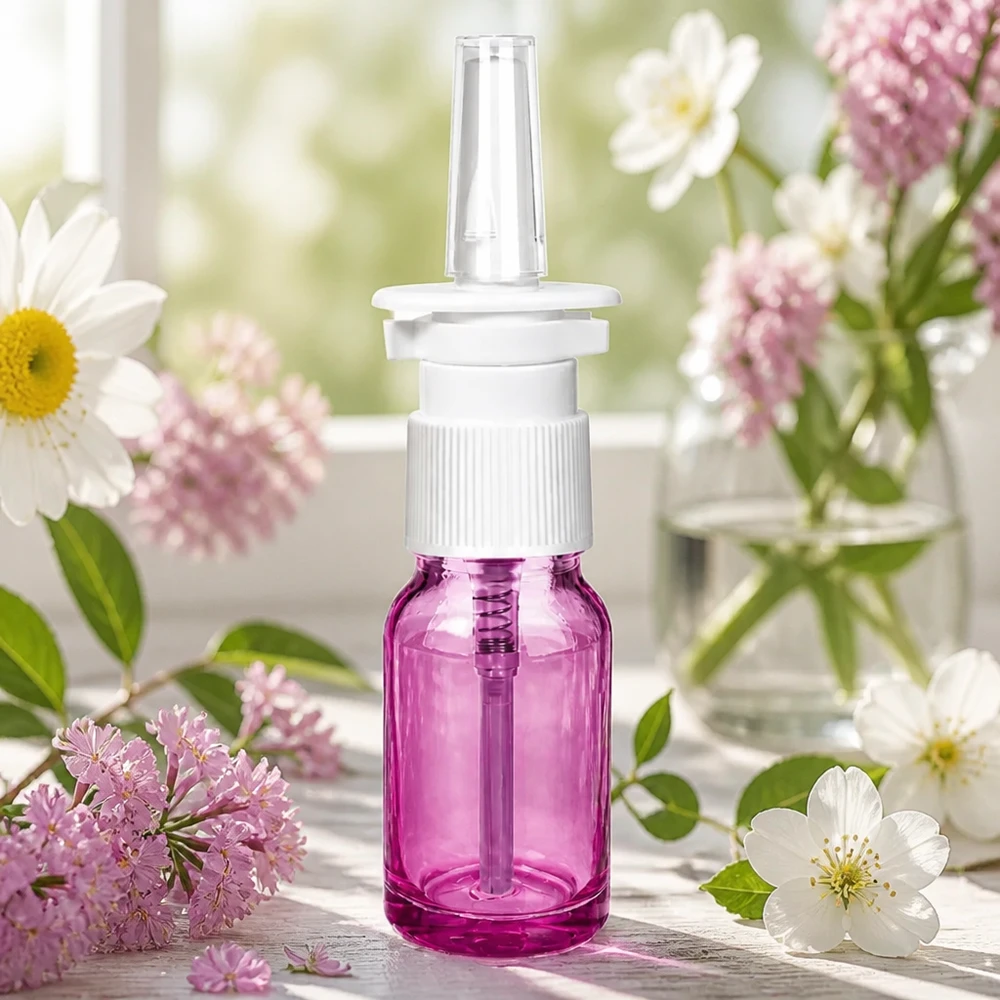 Nenäsumutepullo 10ml, jossa on kierrekierre STD UT18/10, violetti läpinäkyvä, tarkkaan annosteluun.