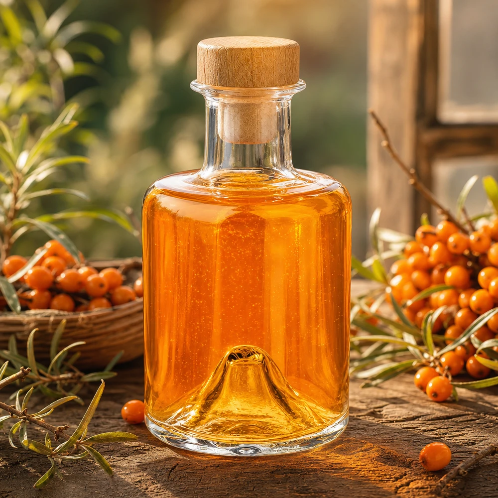 200ml Glasflasche "Sofia" mit Holzgriff-Korken UNiTWIST 200 ml Sofian lasipullo, jossa on puukorkki ja joka on täytetty oranssin värisellä öljyllä tyrnimarjojen vieressä puupöydällä.
