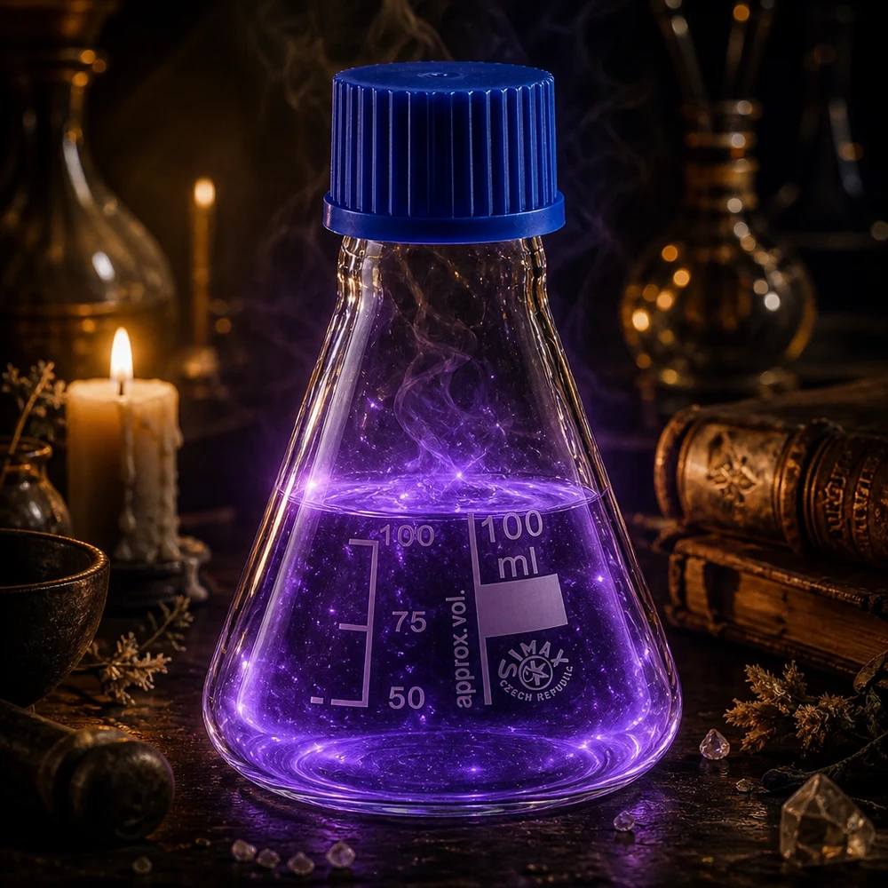 Erlenmeyer-pullo 100ml, jossa on kierrekorkki. Erlenmeyer-pullo 100ml, jossa on asteikko ja tiukka kierrekorkki tarkkaa mittausta varten.