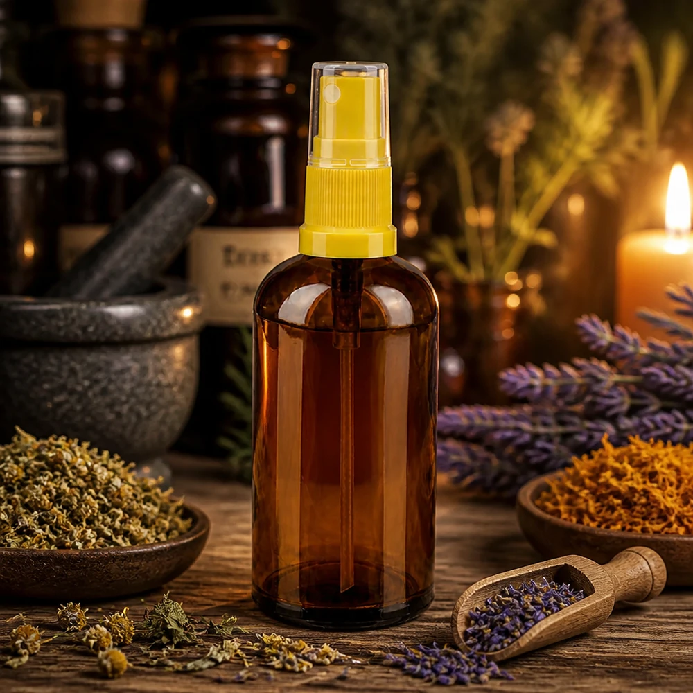 Ruskea 100ml suihkepullo keltaisella pumppumekanismilla luonnolliselle ihonhoidolle ja aromisekoituksille.