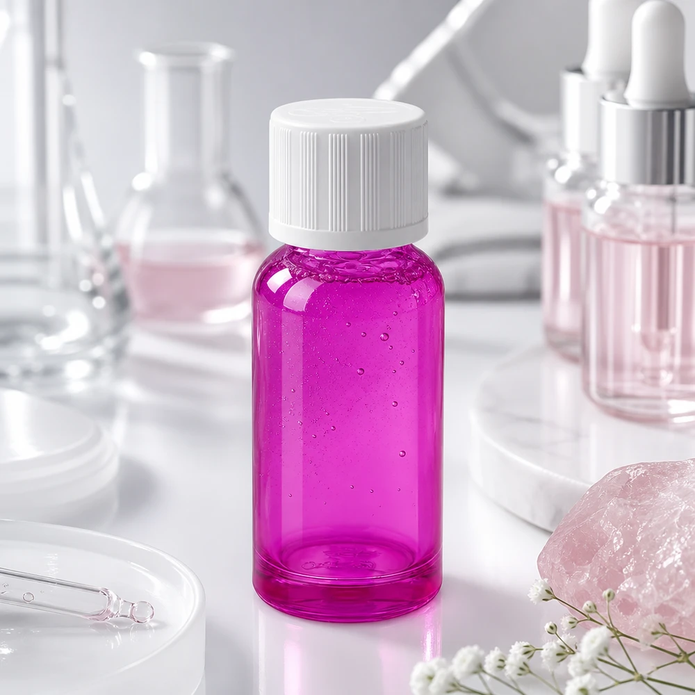 Laadukas 20 ml:n laboratoriopullo Purple Line -mallissa, jossa on vakiokorkki ammattikäyttöön.