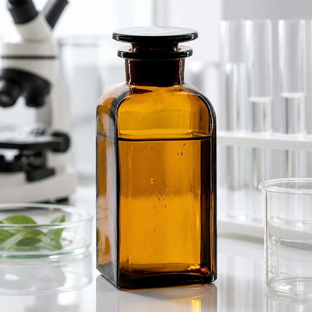 Nelikulmainen pullo 350ml ruskea leveäkaulainen lasitulppa 350 ml:n ruskea nelikulmainen laboratoriopullo lasitulpalla mikroskoopin ja koeputkien vieressä