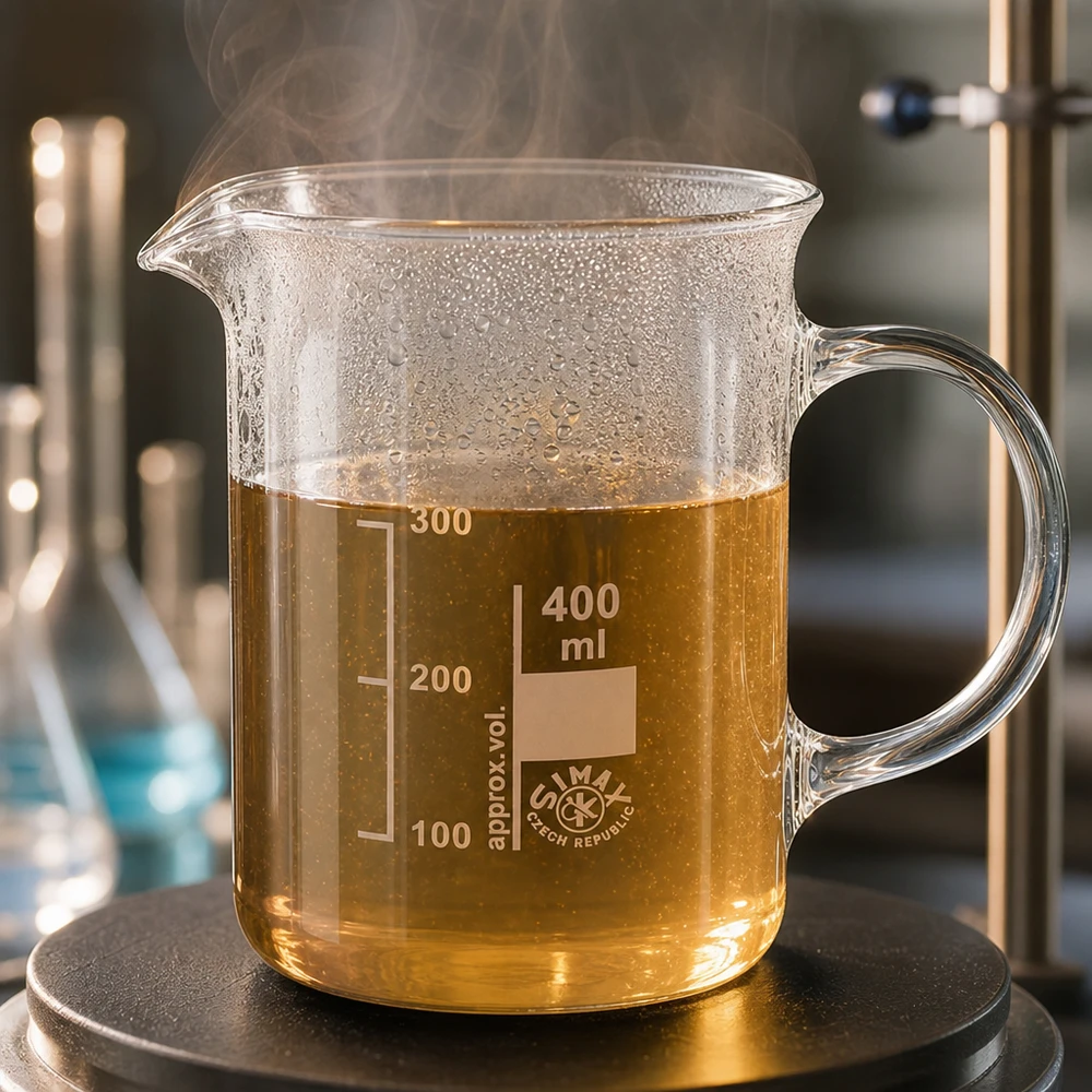 400 ml:n dekantterilasi, kahvalla varustettu lasipannu Höyryävä 400 ml:n koeputki, jossa on kahva; lämmitettyä ruskeaa liuosta lämmityslevyllä; borosilikaattilasia