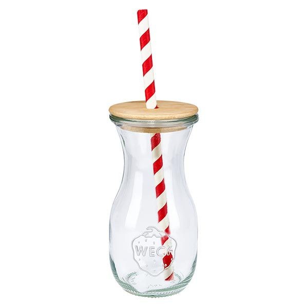 6 x WECK 290ml mehupullo RR60, jossa on puukansi ja 100 ekologista S WECK juomapullo 290ml läpinäkyvä puukannella ja punavalkoraidallisella paperipillillä yksittäiskatselu