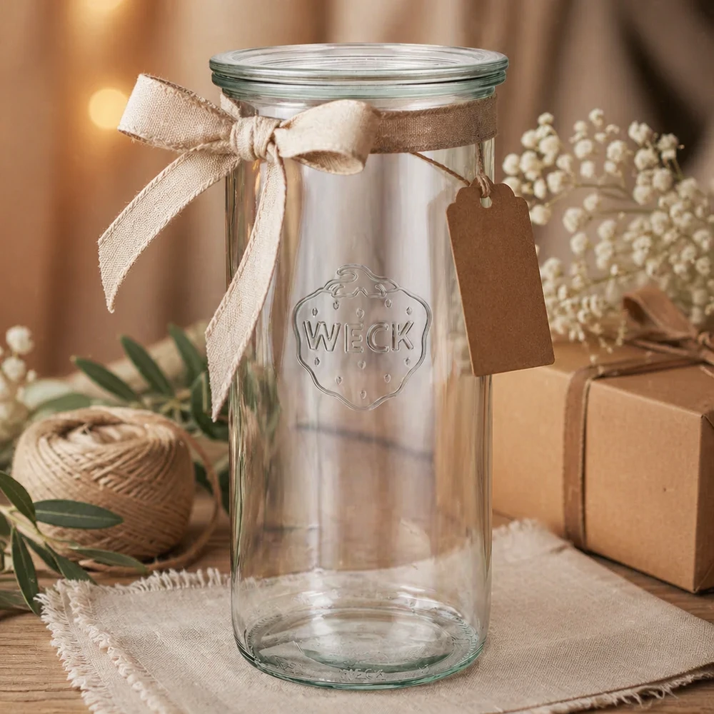 WECK 1500ml RR100 tumblers lahjaksi koristeltu beige nauha ja tag puulla ja lahjapakkaus laatikko