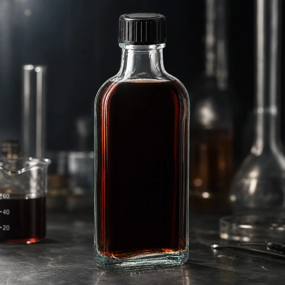 Laboratoriossa oleva täytetty 100 ml:n Meplat-lasipullo, jossa on tummanpunainen sisältö ja musta kierrekorkki