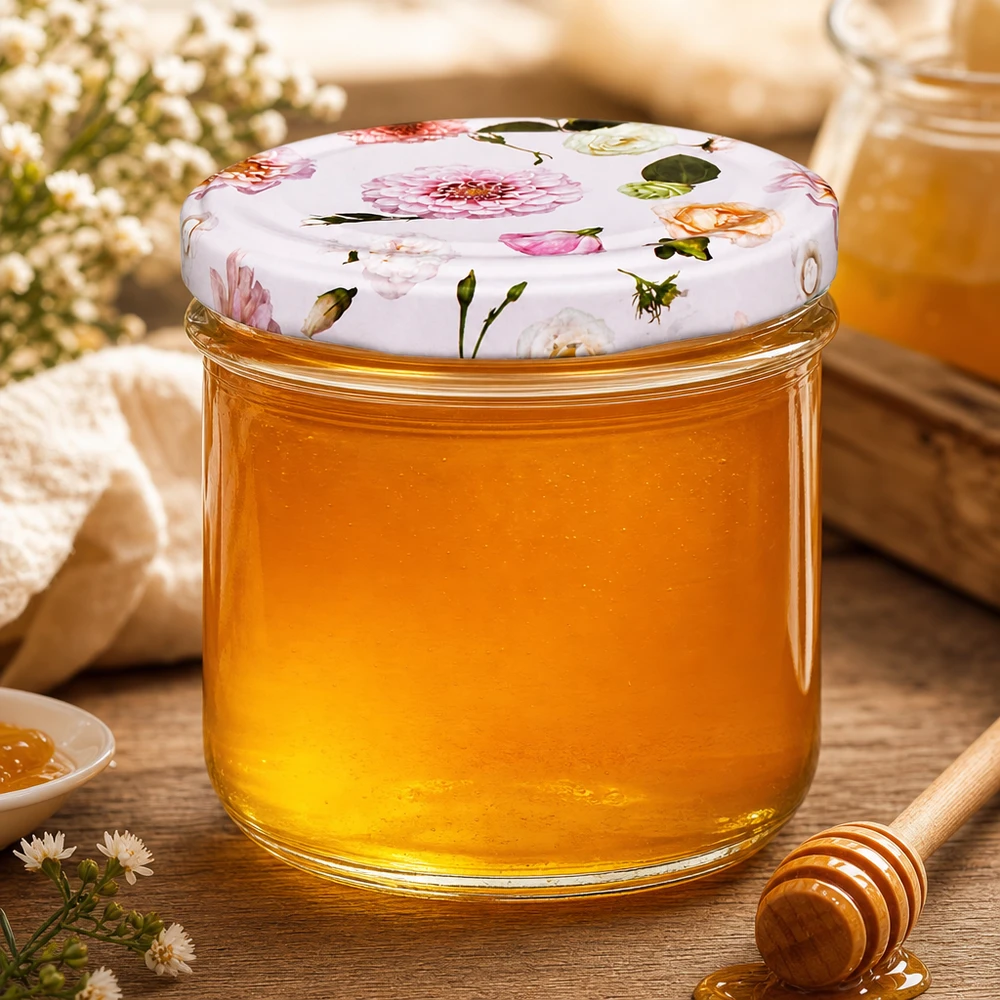 Honig im 225ml Sturzglas mit Blumendeckel und Honiglöffel - Einmachglas für süße Leckereien dekorativ präsentiert