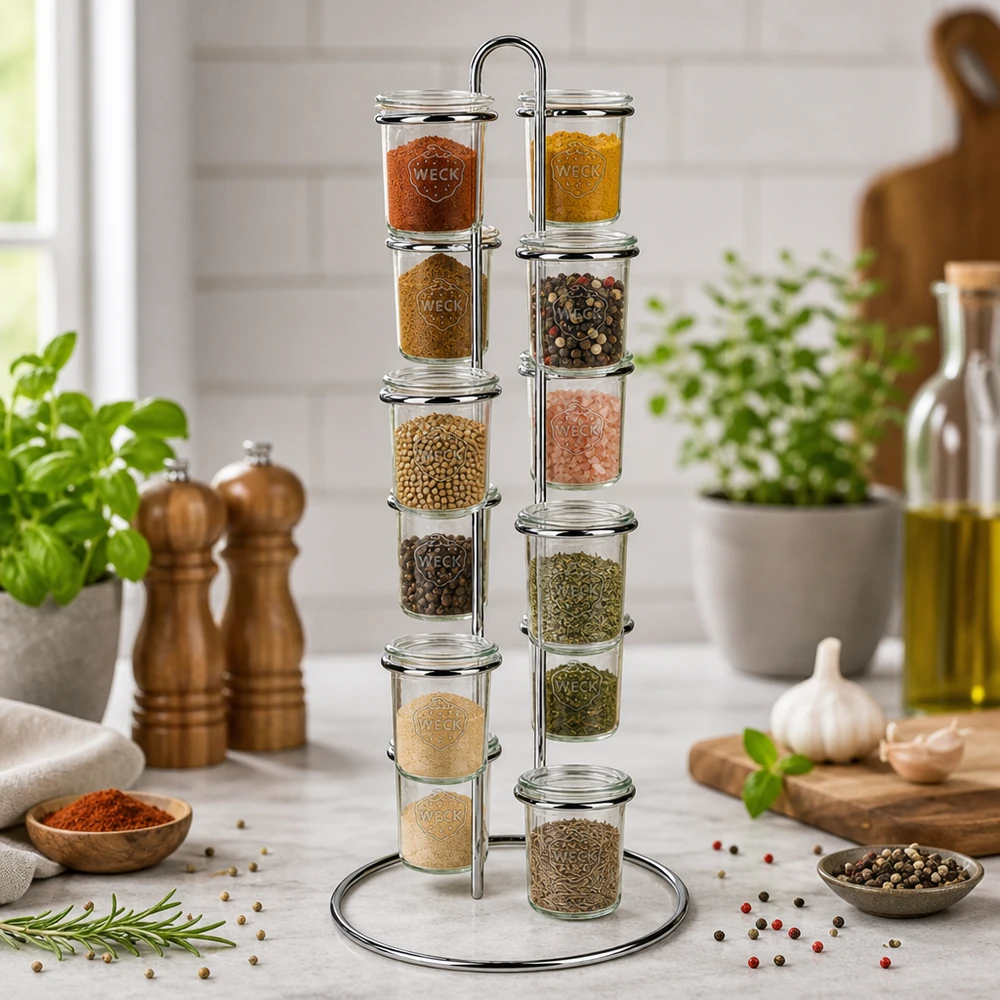 Vertico12-tarjoiluteline 12 WECK-maljalle. Elegante Küchenorganisation mit WECK Vertico12 Gewürzkarussell umgeben von frischen Kräutern und Kochutensilien