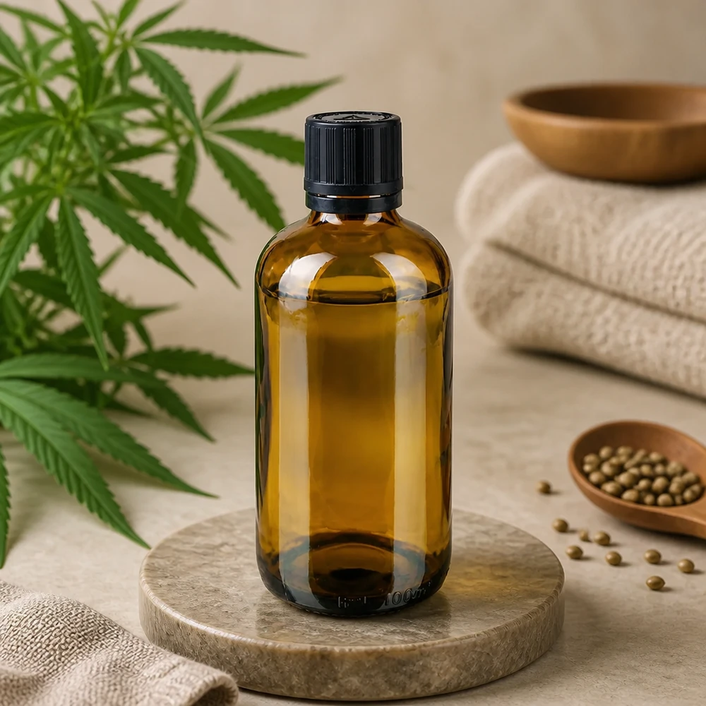 100 ml:n ruskea lasipullo, jossa on musta tippakorkki, marmorijalustalla hamppukasvin ja hampunsiementen vieressä