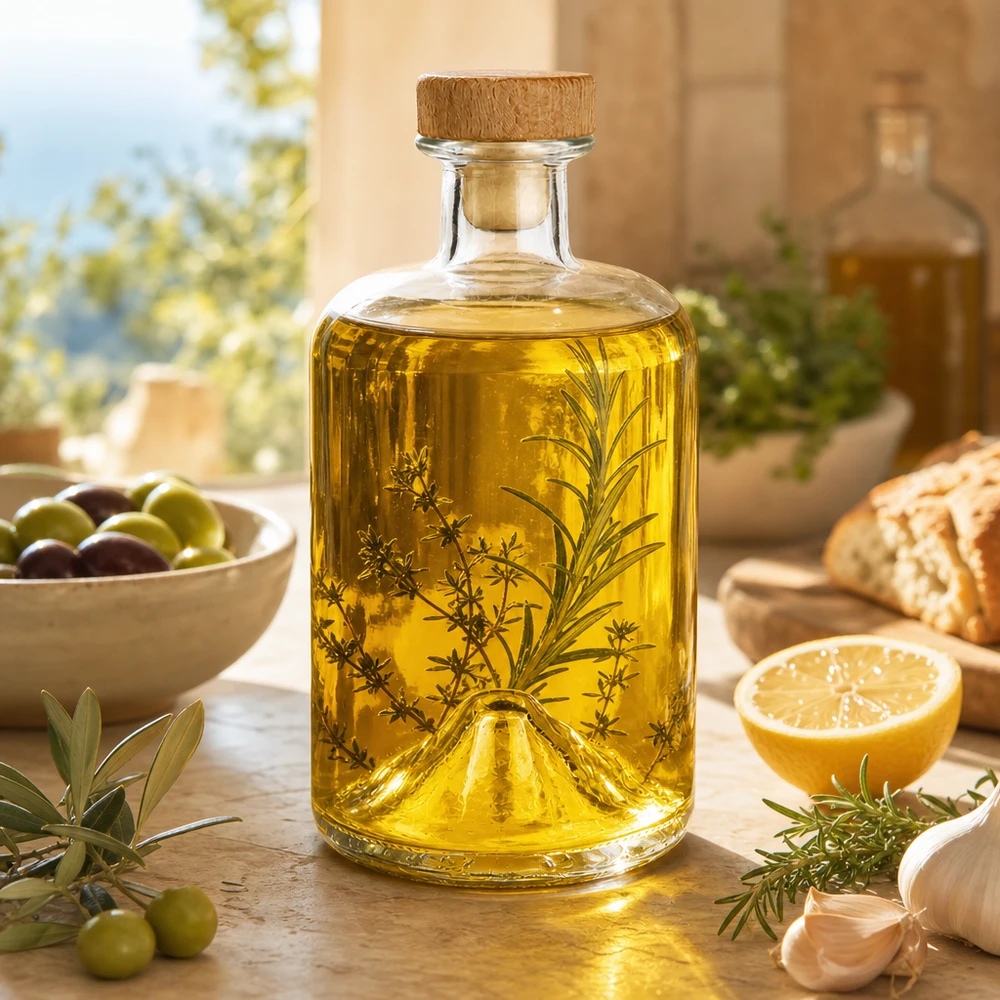 500ml Apothekenflasche "Classic" mit Holzgriffkorken UNiTWIST® 500ml Glasflasche Sofia mit Kräuteröl befüllt mediterranes Ambiente mit Oliven Brot und Zitrone Küchenszene