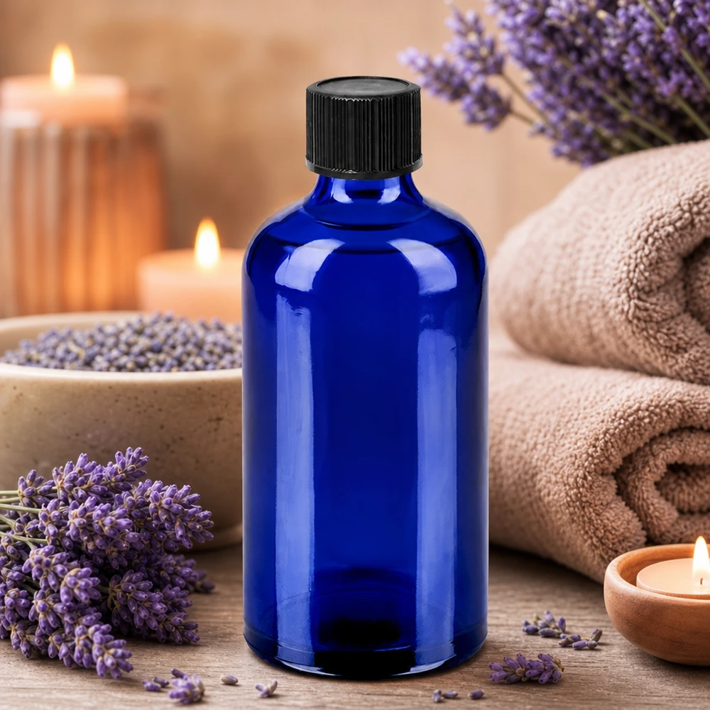Apteekkipullo 100ml koboltinsininen, musta tiputuskorkki aromaterapiaan ja hyvinvointiin.