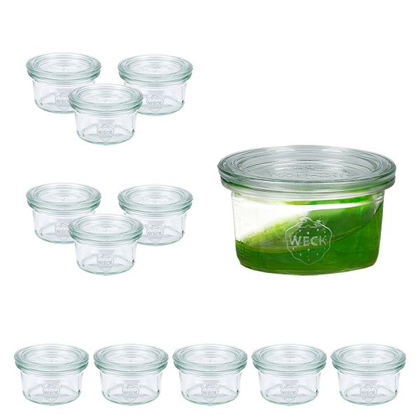 12 Weck 50 ml:n juomapullon setti, jossa on 12 lasikantta. 12 Weck 50 ml:n juomapullon setti, jossa on 12 lasikantta.