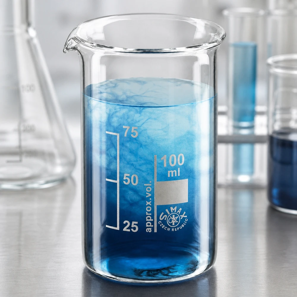 Juomalasi 100ml borosilikaattilasi, korkea muoto Simax-lasimalja, 100 ml, korkea malli, jossa on sinistä liuosta ja näkyvä diffuusio laboratoriossa