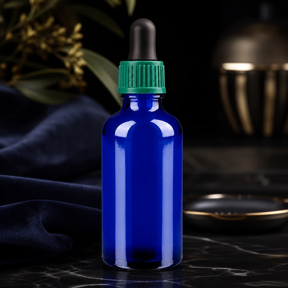 Korkealaatuinen 50ml tippapullo tyylikkäässä sinisessä värissä, jossa on käytännöllinen tippakorkki.