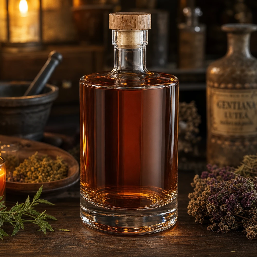 500ml Glasflasche "Marie" mit Holzgriff-Korken UNiTWIST 500ml Glasflasche Marie gefüllt mit bernsteinfarbener Flüssigkeit in rustikaler Küche mit Kräutern und Gewürzen