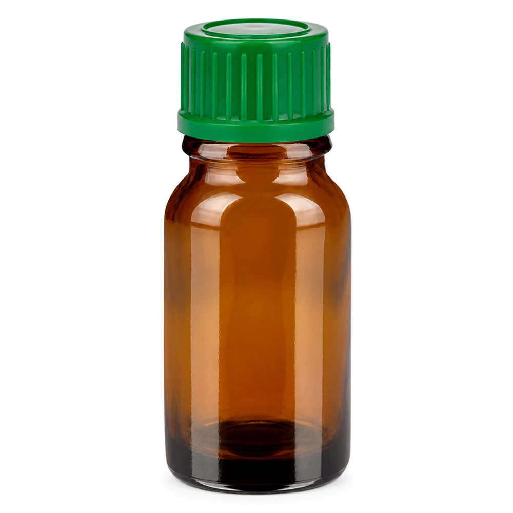 10ml meripihkanvärinen lasipullo vihreällä kierrekorkilla eteerisille öljyille ja kosmetiikalle.