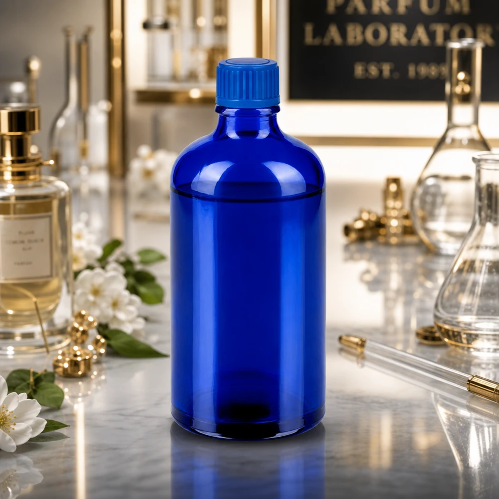 Elegantti 100ml lasipullo intensiivisen sinisellä värillä kosmetiikan ammattilaislaboratorioihin.