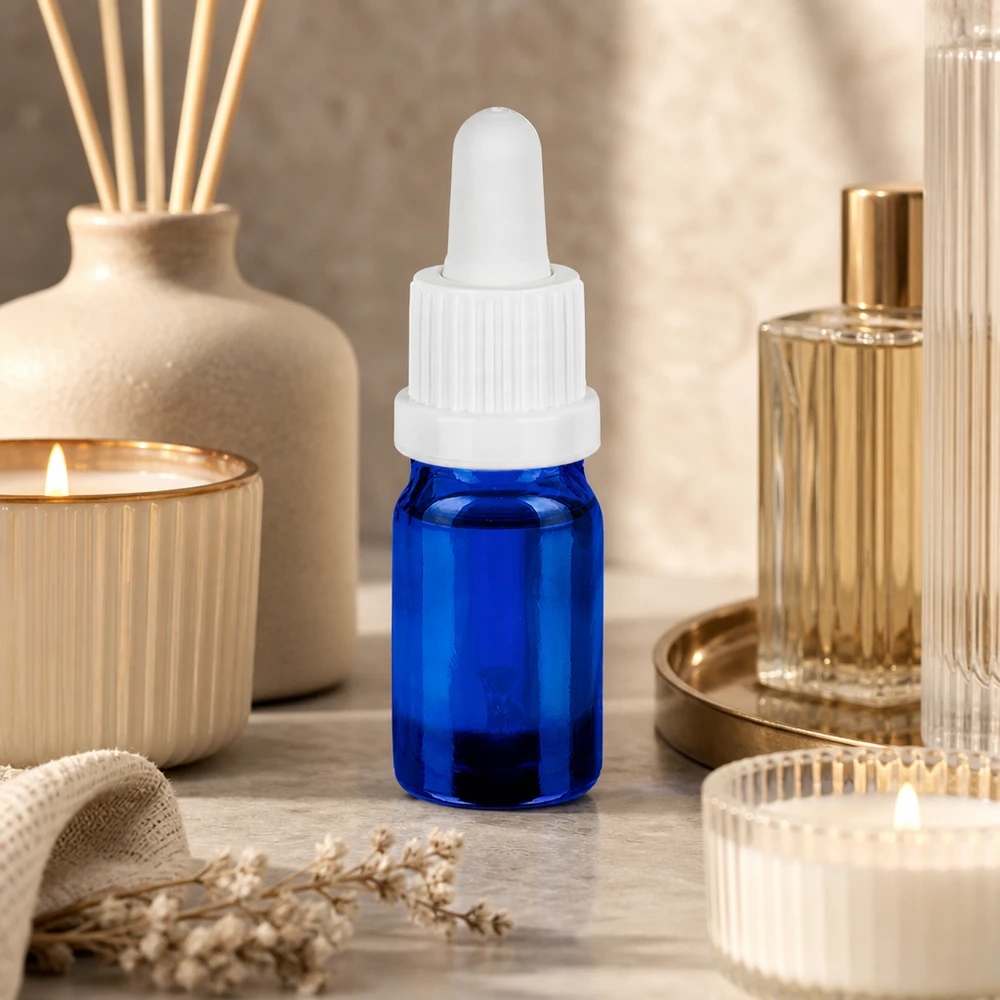 5 ml:n pipettipullo valkoinen tamper-evident-suljin BlueLine UT18/5 Tarkka pipettipullo 5ml koboltinsininen aromaterapiasovelluksiin ja hyvinvointituotteisiin.