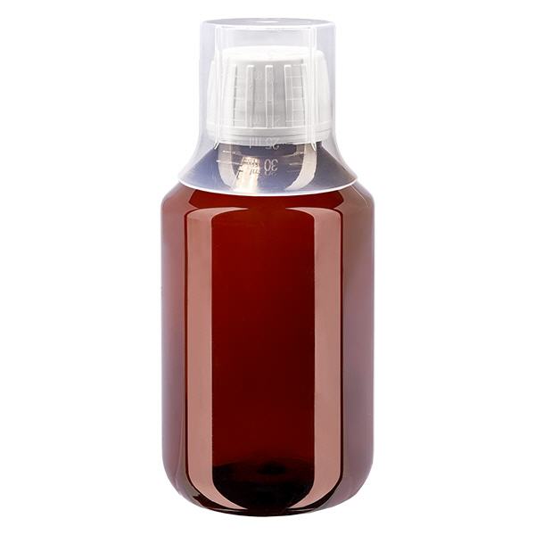 PET-pullo 100ml valkoisella korkilla, jossa on väärentämisen estävä korkki + kuppi. PET-pullo 100ml valkoisella korkilla, jossa on väärentämisen estävä korkki + kuppi.