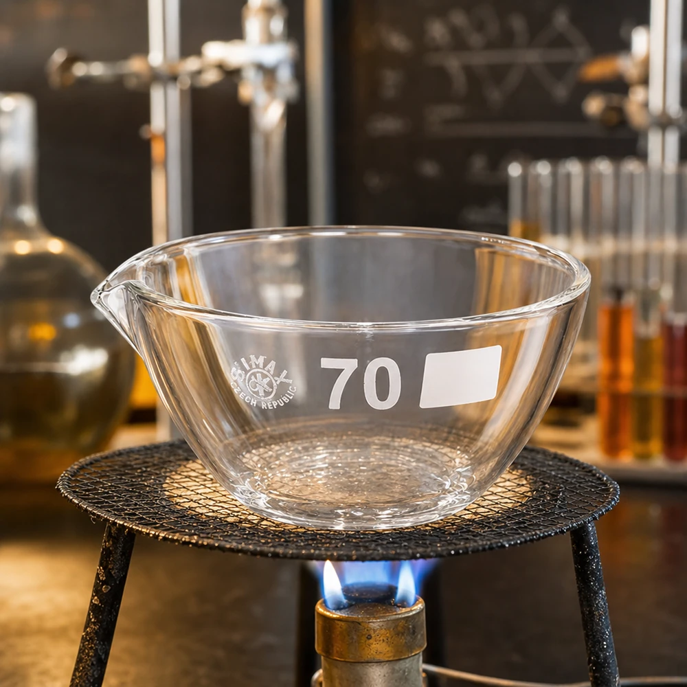 60ml haihdutusmalja, jossa on nokka borosilikaatti ø70mm Pieni laboratorioastia 60ml, jossa on ø70mm:n suulake, valmistettu kestävästä borosilikaattilasista haihdutusprosesseja varten.