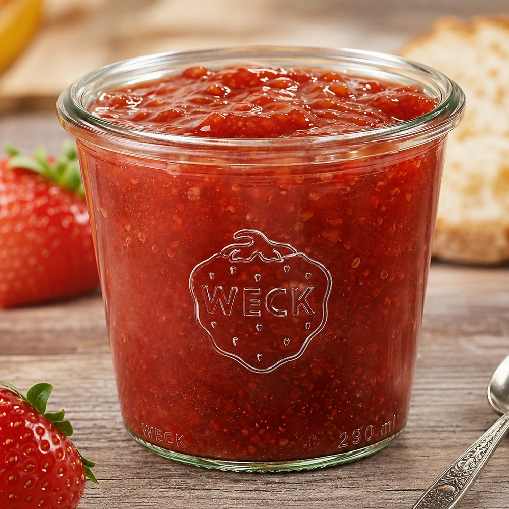 WECK RR80 -mukit 290 ml:n korkuisia, mansikkahillolla täytettyjä lasipulloja tuoreiden mansikoiden vieressä puupöydällä.