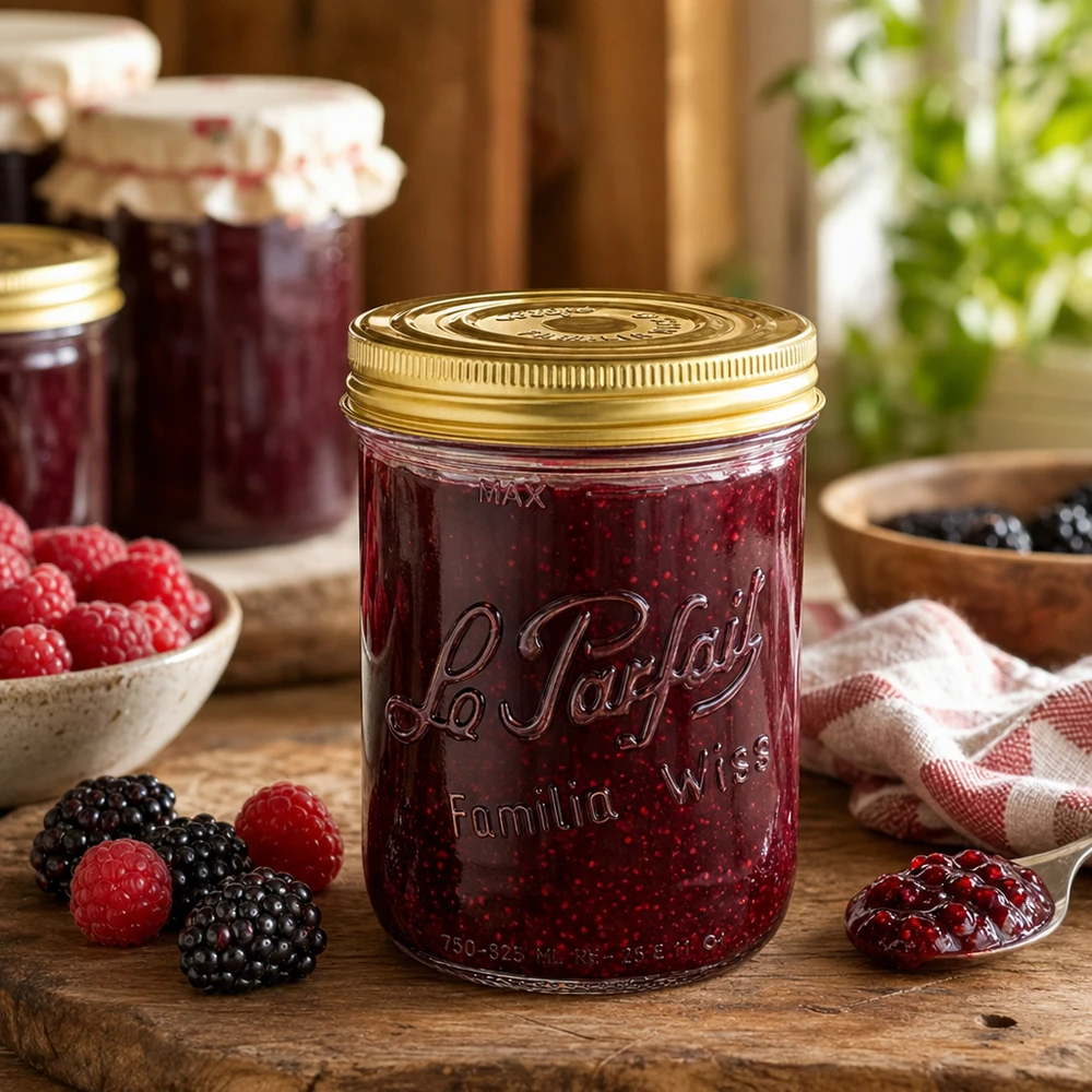 Familia Wiss 1020ml juomalasit 2-osaisella kansijärjestelmällä Le P täynnä marjahilloa puupöydällä.