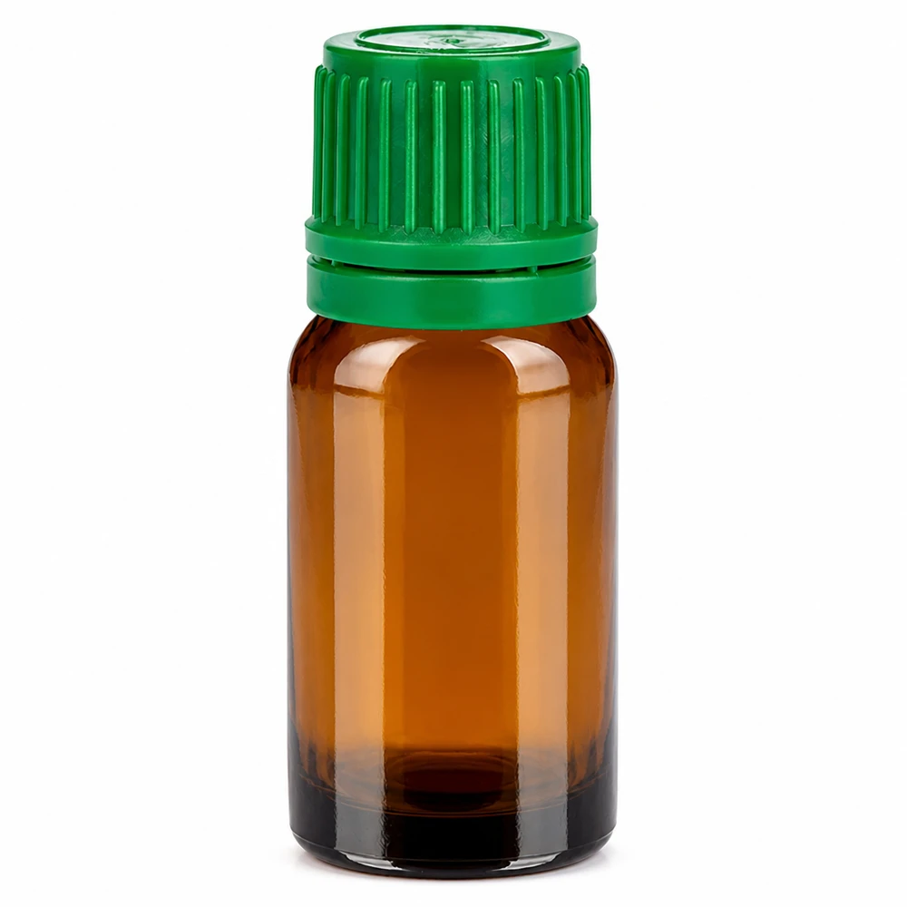 10ml pullo 11mm ruuvikorkki vihreä väärentämisen estävä korkki BrownLine UT18/10 10ml meripihkanvärinen lasipullo vihreällä kierrekorkilla eteerisille öljyille ja kosmetiikalle.