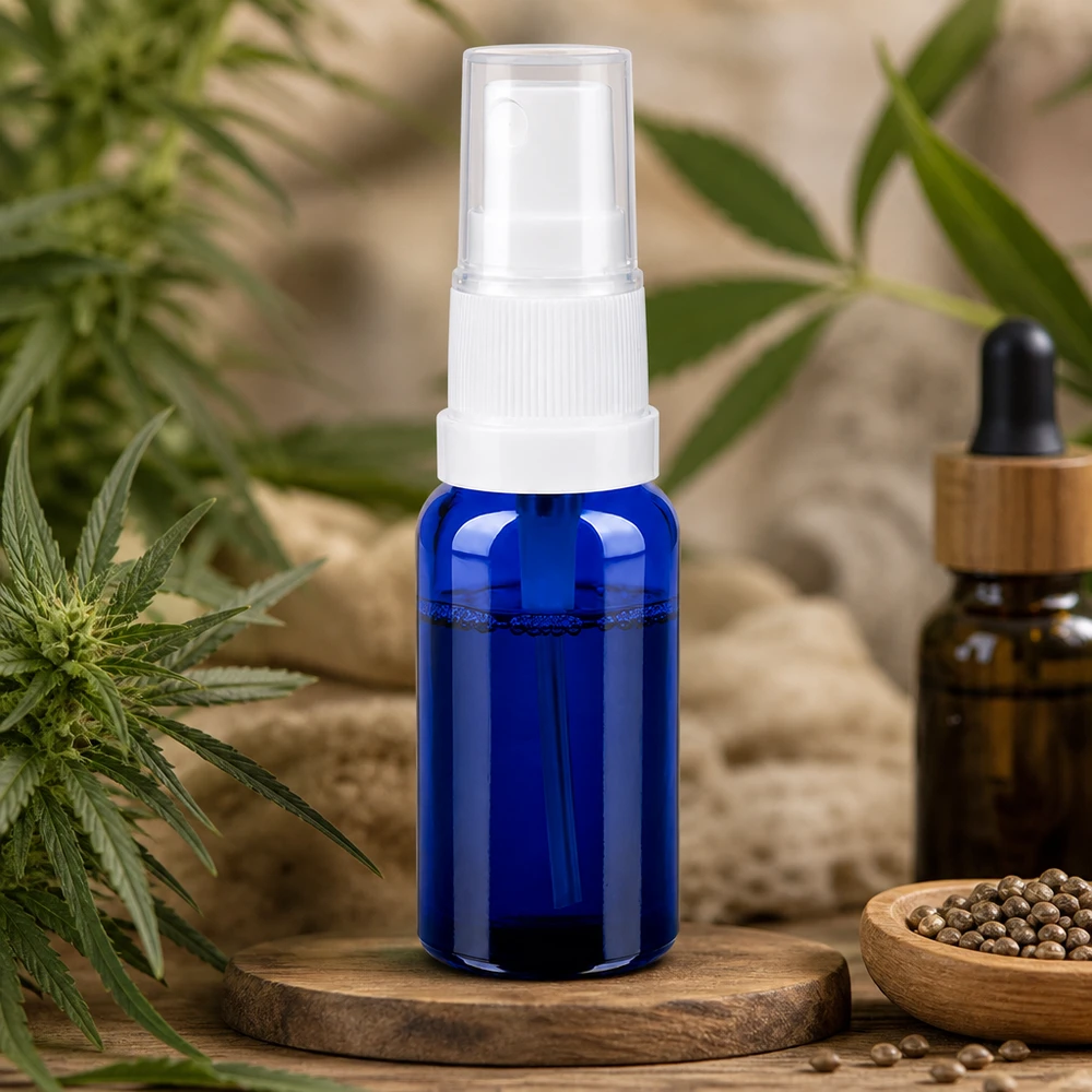 20ml suihkepullo valkoinen/läpinäkyvä vakiokorkki BlueLine UT18/20 20ml sininen lasipullo, jossa on suihkutuslisäosa eteerisille öljyille ja luonnonkosmetiikkatuotteille.