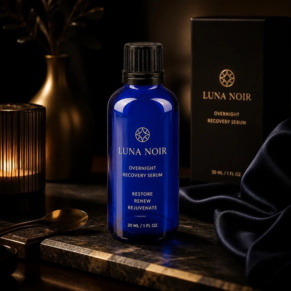Luna Noir Overnight Recovery Serum koboltinsinisessä 50 ml:n apteekkipullossa, jossa on tippakorkki