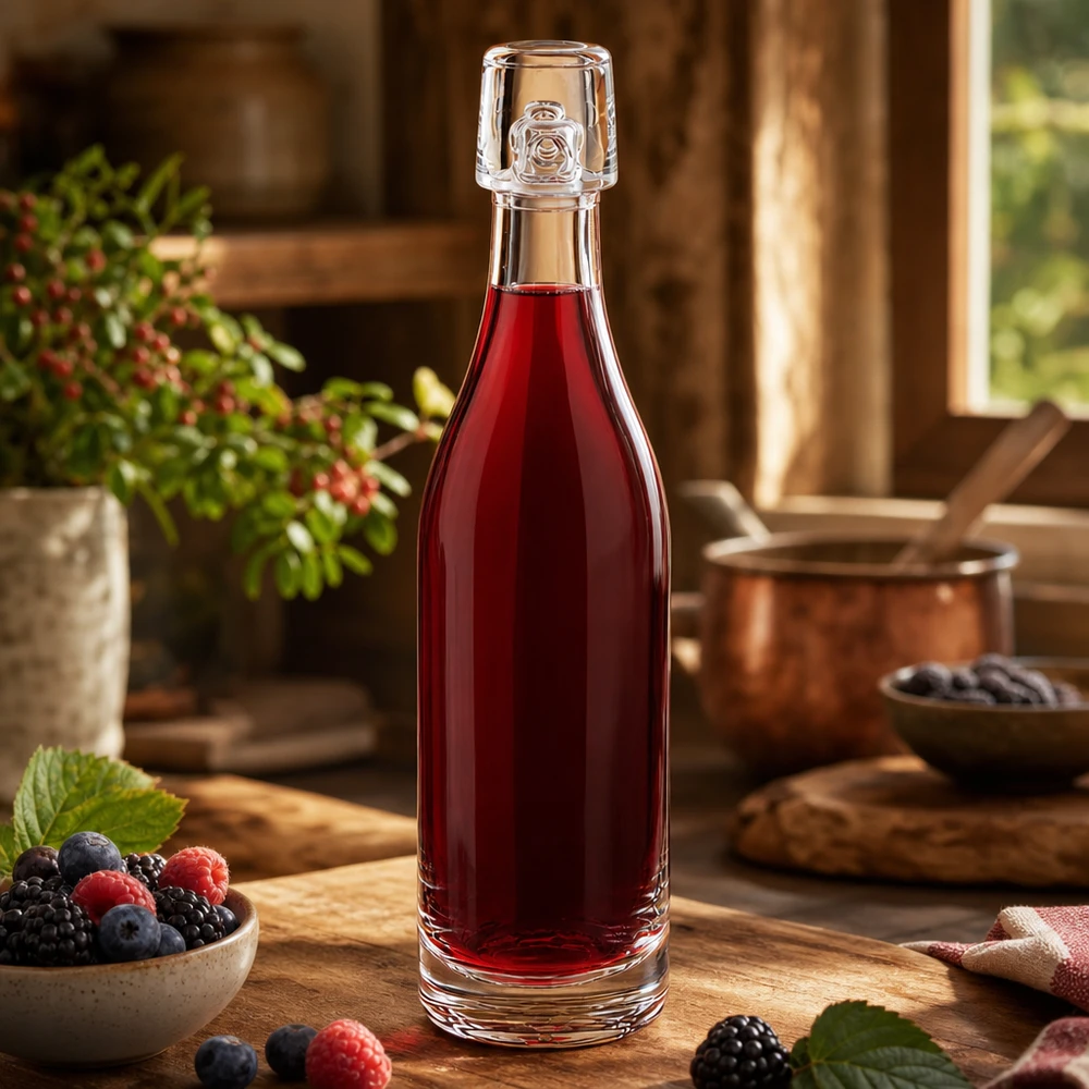 50ml UNiTWIST-lasipullo täynnä punaista marjamehua tuoreiden marjojen vieressä rustiikkisella puisella keittiön pöydällä.