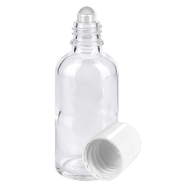 Apteekkipullo kirkas 50ml roll-on korkki valkoinen Apteekkipullo kirkas 50ml roll-on korkki valkoinen