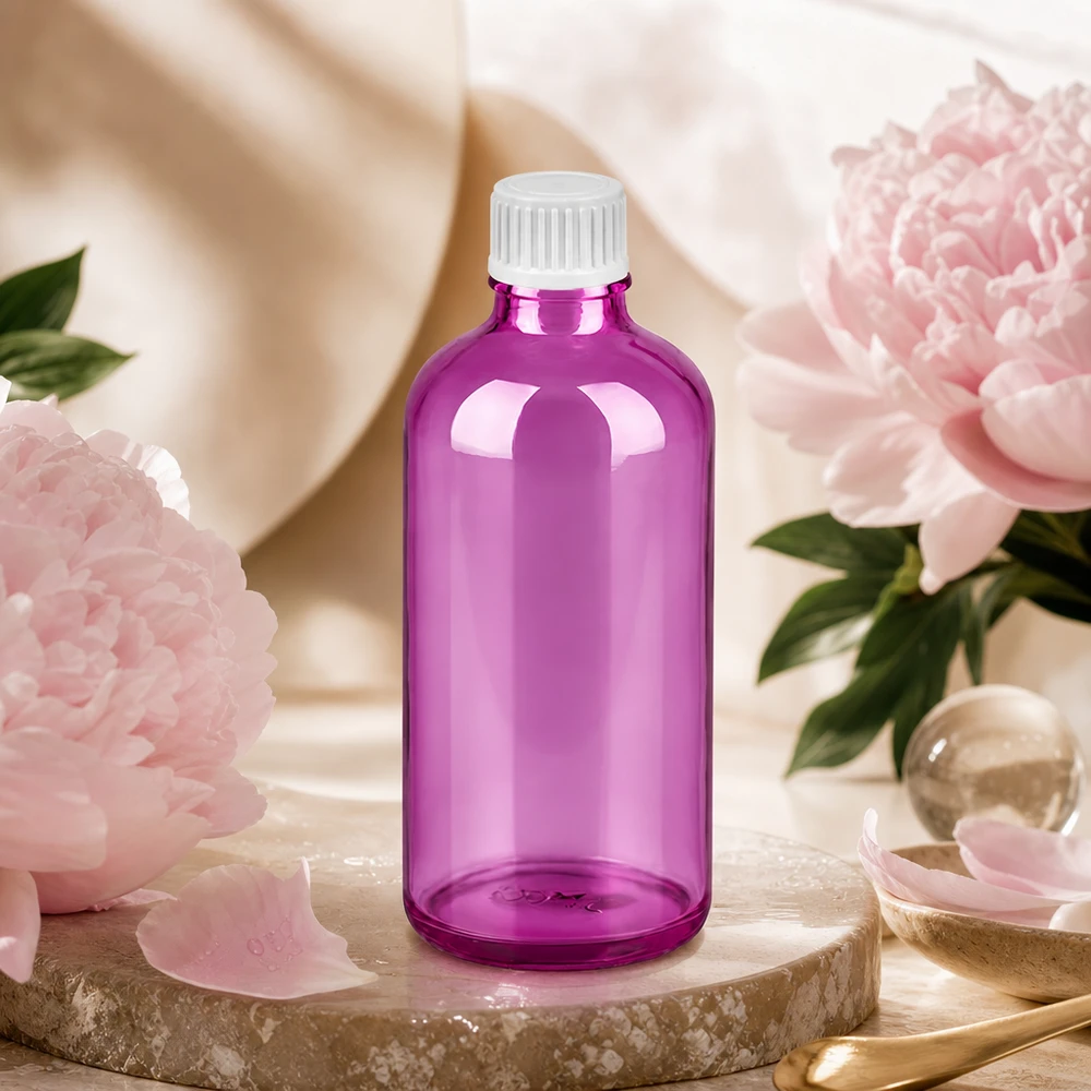 100ml tippapullo 0,9mm valkoinen vakio PurpleLine UT18/100 Läpinäkyvä violetti tippapullo 100ml, jossa on 0.9mm tippakorkki öljyjen tarkkaa annostelua varten.