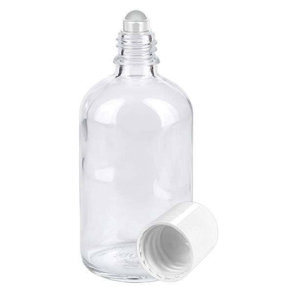 Apteekkipullo kirkas 100ml roll-on korkki valkoinen Apteekkipullo kirkas 100ml roll-on korkki valkoinen