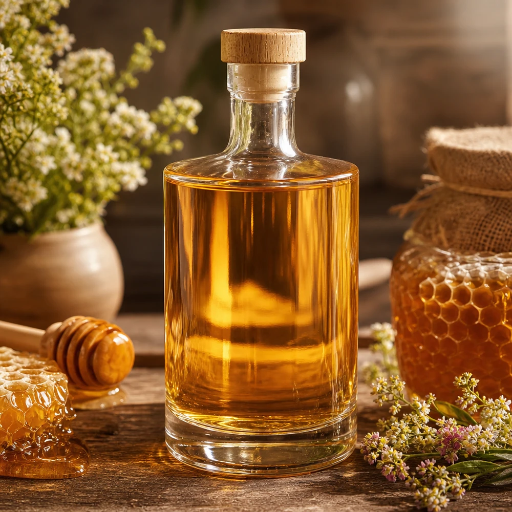500ml Glasflasche "Marie" mit Holzgriff-Korken UNiTWIST 500ml Glasflasche Marie gefüllt mit Honig in rustikaler Küche - perfekt für Sirupe, Liköre und hausgemachte Spezialitäte