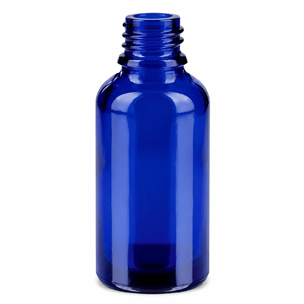 30ml pullo 11mm kierrekorkki valkoinen väärentämisen estävä korkki BlueLine UT18/30 Sininen 30ml lasipullo 11mm kierteellä eteerisille öljyille ja kosmetiikalle.