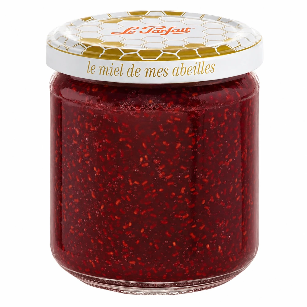Le Parfait Hunaja säilöntäpurkki 212ml, jossa on kultainen hunajakennokansi, täytetty punaisella mansikkahillolla.